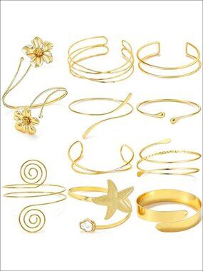 Gold Arm Cuff Bracelets Set Metal Upper Arm Bangles Adjustable Stackable Jewelry